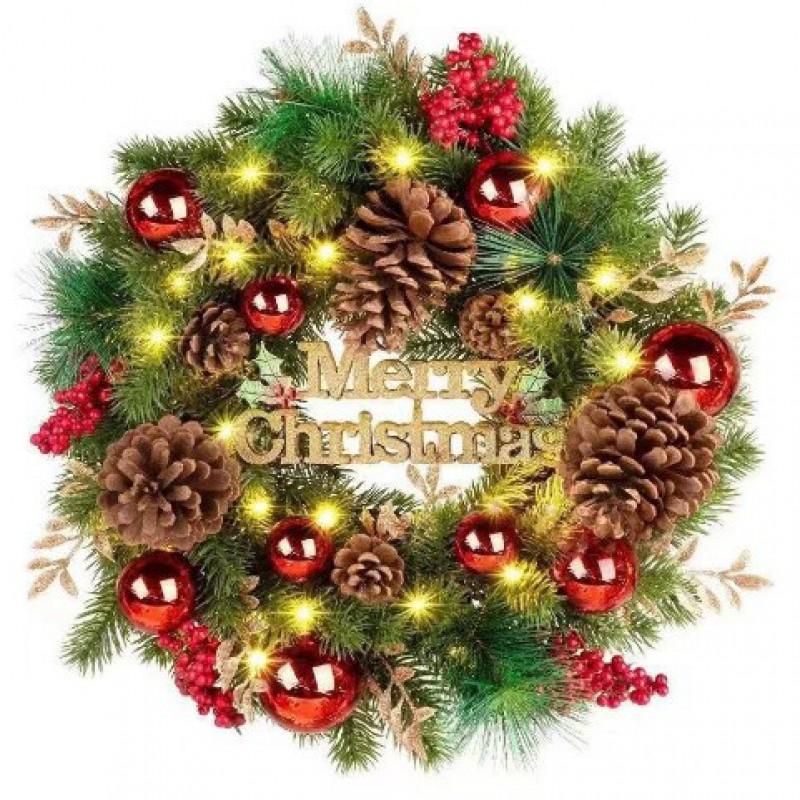 Christmas Decorations Set: LED String Lights Red Poinsettia Flowers Wreath Door Hanging Home Festive Interior