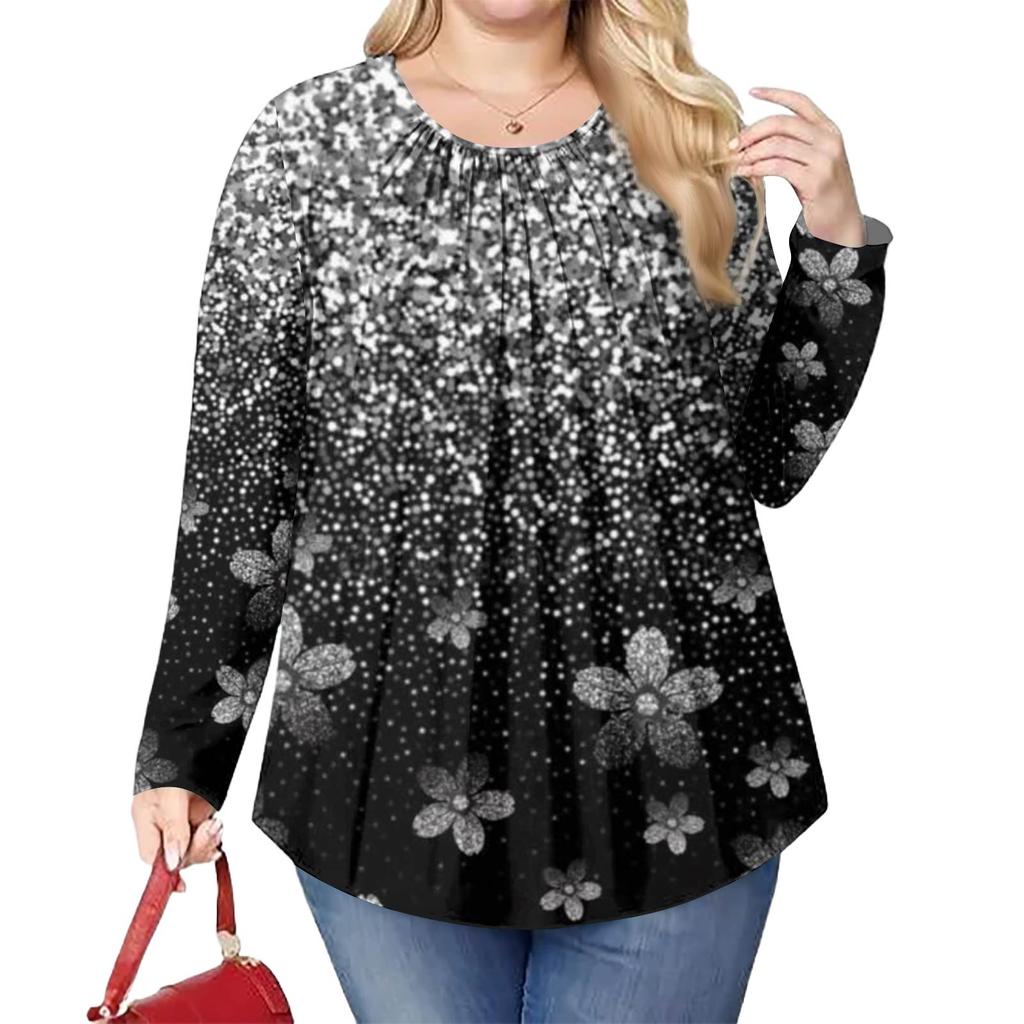 Women's Plus Size Fashion Printed Casual Pleated Round Neck Long Sleeve Top