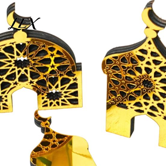 Indoor Aesthetic Ornaments 3PCS Ramadan Golden Castle Ornament, Hollow Mosque Design, Thick Wood And Religious Celebration Gifts Acrylic Desktop