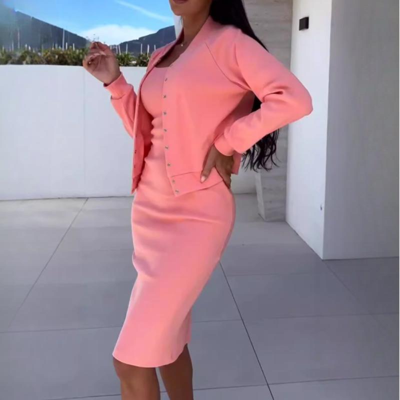Женский однотонный приталенный костюм для вечеринок, модный повседневный плащ с длинными рукавами и комплект платья с подтяжками, элегантный осенний