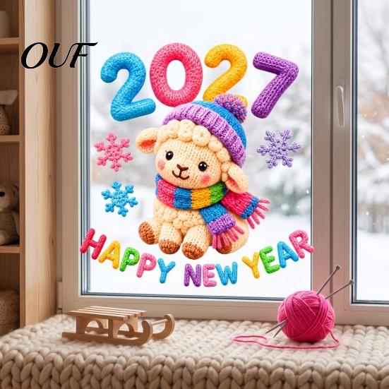 Electrostatic Glass Stickers Chinese New Year Window Stickers, 2027 Goat Static Clings, Reusable Decorations Crochet Knit Lamb Decals, Decor for Home