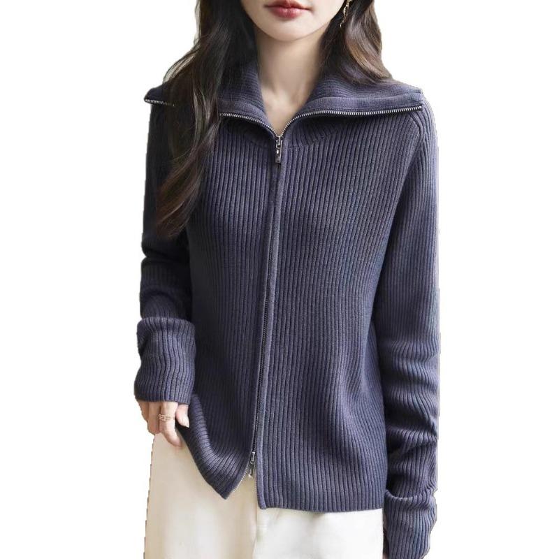 Double Zipper Lapel Knitted Cardigan Women's Spring and Autumn New Loose Versatile Thin Sweater Jacket Casual Outside