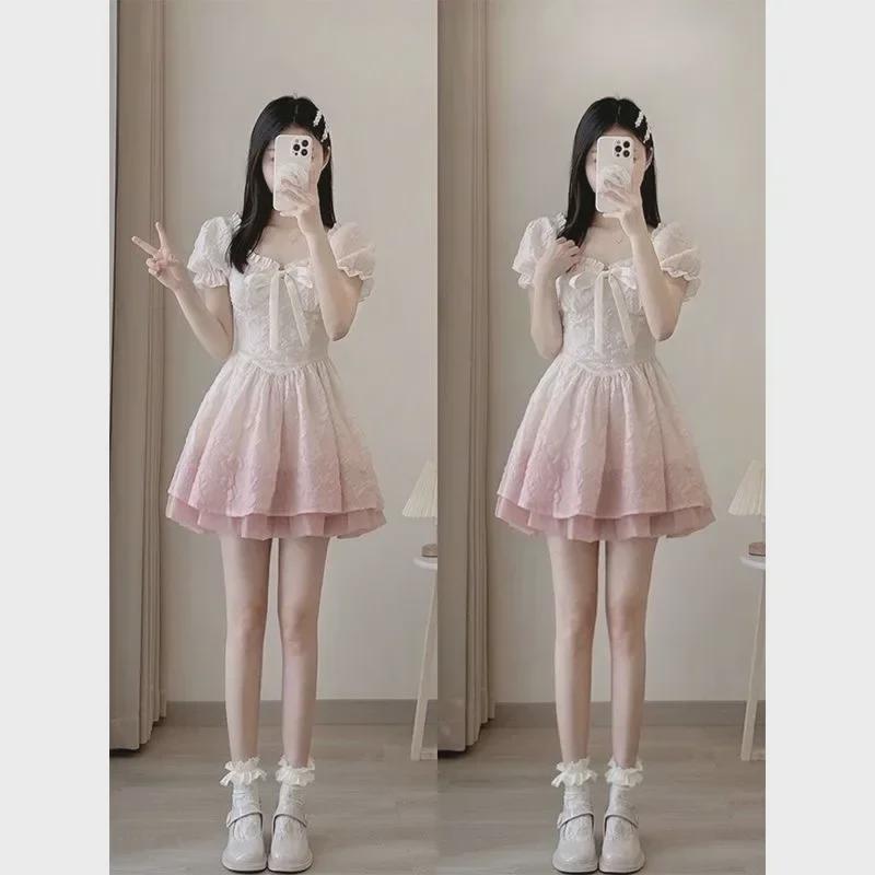 2025 Sweet Gradient Princess Puffy Dress - French Summer Style, Slim Waist