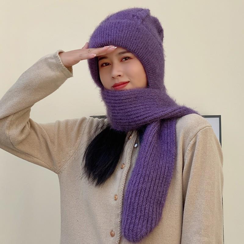 Hat Female Autumn and Winter Warm Knitted Wool Snow Hat Cycling Mother Fashion Ear Protection Headgear Scarf Integrated Hat