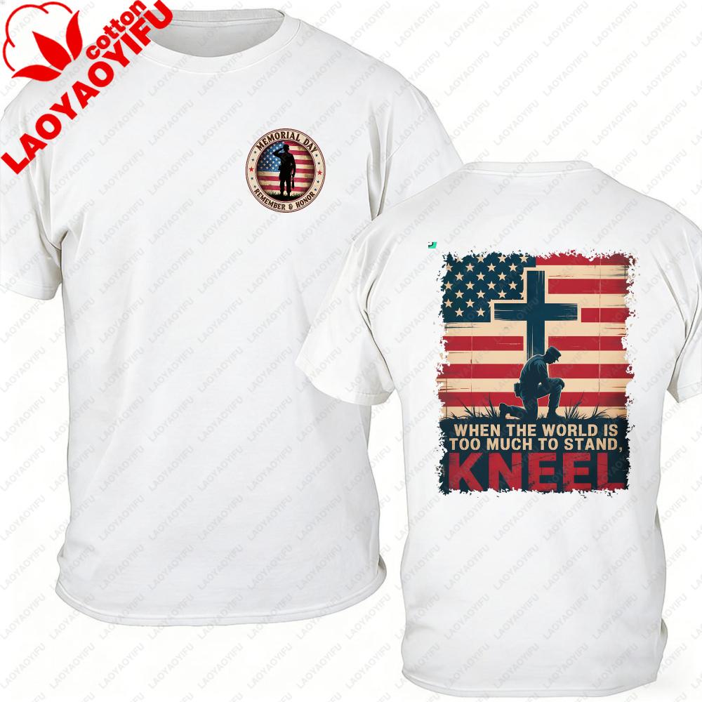 American Flag Christian TShirt Kneel Soldier Print Oversized Heavy Cotton USA Patriotic Military Streetwear