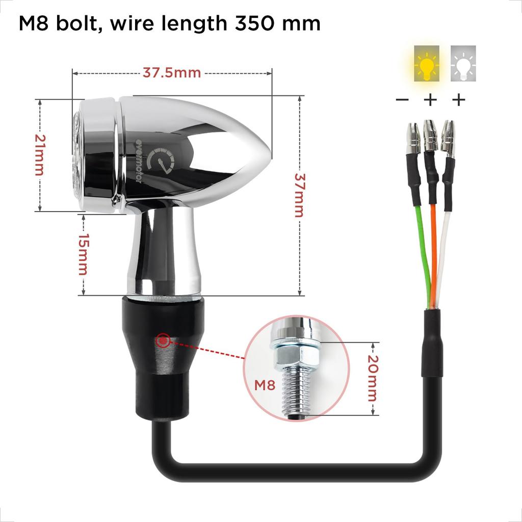 Evermotor Chrome CNC 12V 2pcs Mini Bike LED Turn Signal Lights IP67 Waterproof Amber White E-Certification &
