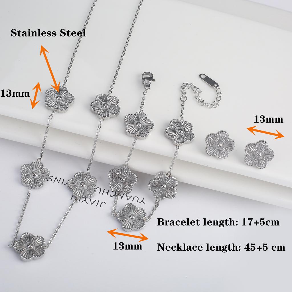 Plum Blossom Metal Laser Five Leaf Flower Bracelet Necklace Earrings for Women Gift Fashion Stainless Steel Clover Jewelry Set