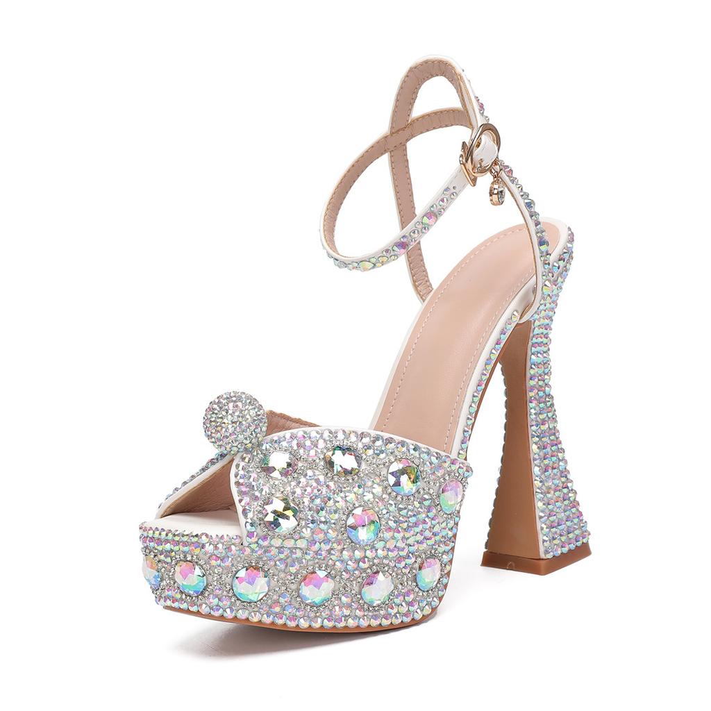 Модные 14 см Стильные Женские Гладиаторские Сандалии с Открытым Носком, Расшитые Стразами и Пайетками, Летние Элегантные Туфли на Высоком Каблуке с Кристаллами, Свадебные Банкетные Свадебные Туфли