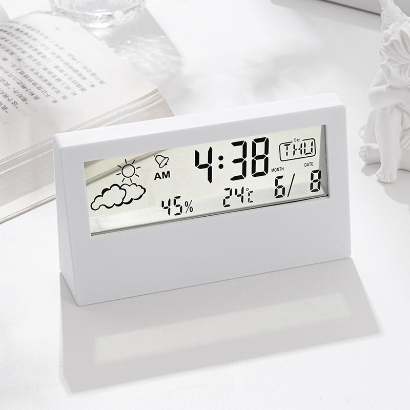 Transparent Alarm Clock with Adjustable Night Light - LCD Weather Display and Smart Calendar Feature with Sunrise Theme Design