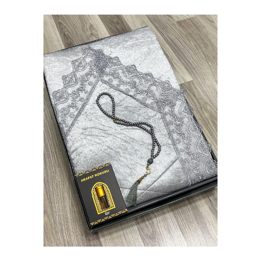 3 Piece Prayer Rug Set, Dowry Bundle Boxed, Velvet Laced Bride And Groom Set