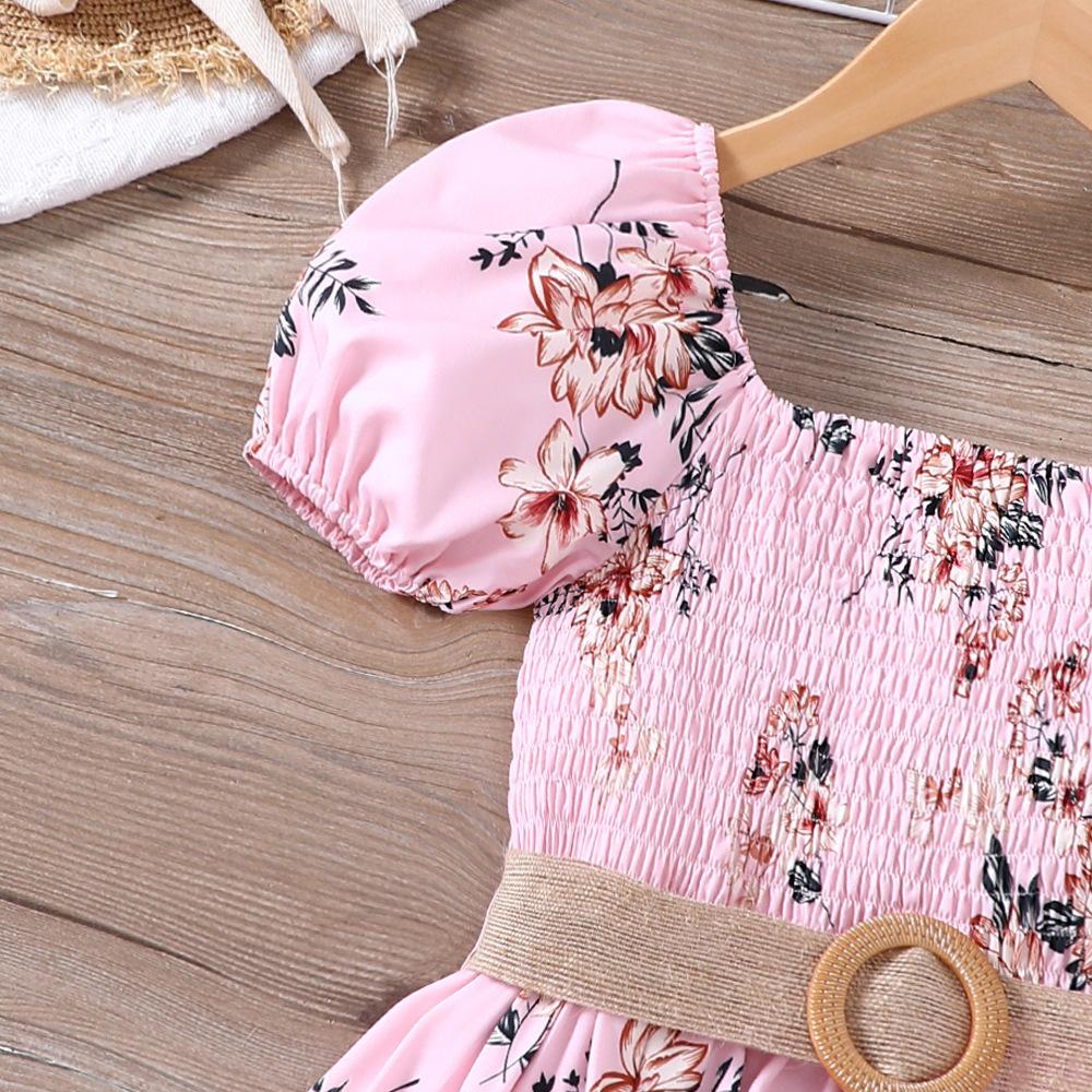 Новое летнее платье для девочек, пышные рукава, платья с цветочным принтом и поясом, детская одежда для 5-12 лет