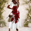 Women Plus Size V Neck Short Sleeve Brown Tribal Printed Straight Maxi Dress