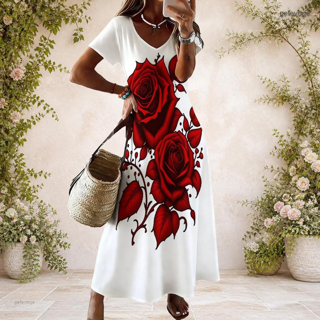 Women Plus Size V Neck Short Sleeve Brown Tribal Printed Straight Maxi Dress