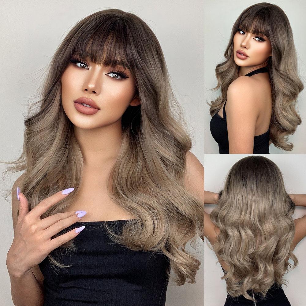 HENRY MARGU Red Ginger Copper Yellow Synthetic Wig for Women Long Curly Wave Wigs with Bangs Cosplay Party Heat Resistant Hair