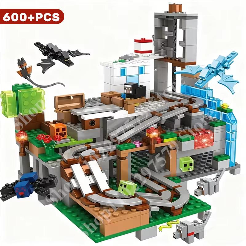 1000PCS DIY Castle Adventure Building Blocks Set with Animals Mine Cart Track Waterfall Trees Creative Toy for Birthday Gift