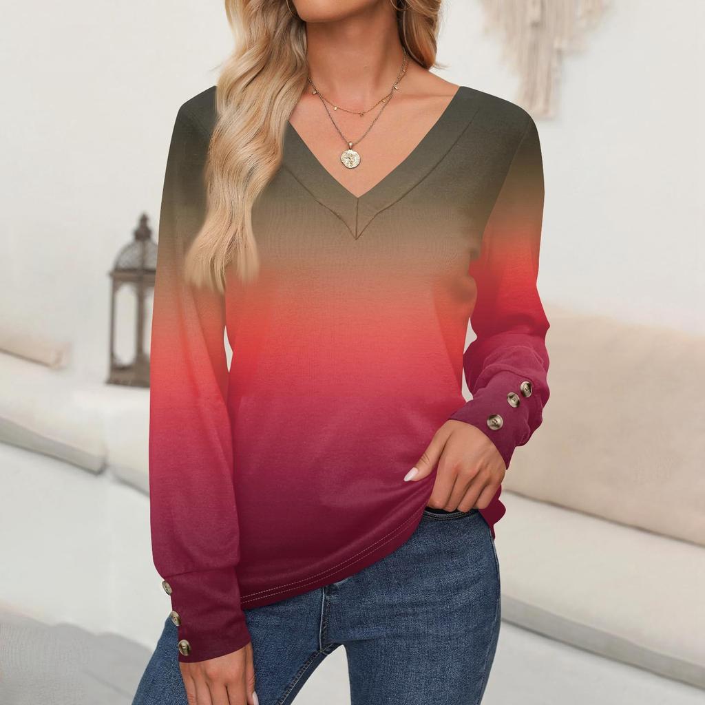 Women's Tops Gradient Printed Long Sleeve Shirt V Neck Casual Loose T-Shirt Autumn Clothing