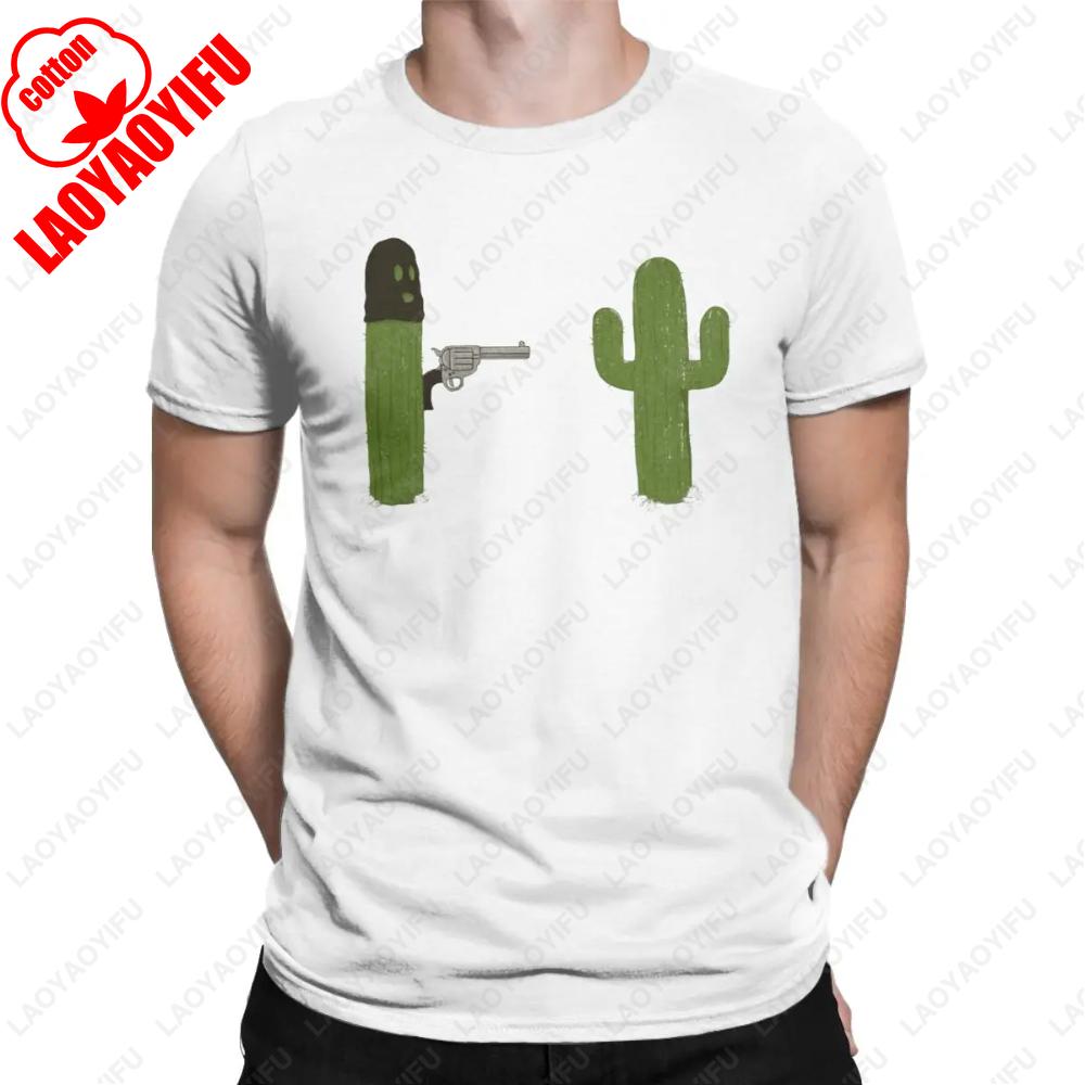 Funny Cactus Stickem Up Gun TShirts Men Crewneck Cotton T Shirt Short Sleeve Tees Summer Oneck Male Unisex Printed Tshirt
