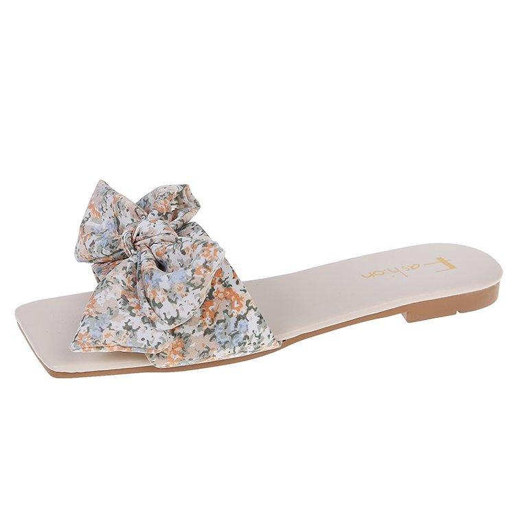 Новые женские тапочки, летние пляжные тапочки с принтом и бантиками, однословные сандалии, модные тапочки большого размера на плоской подошве