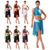 Womens Lyrical Dance Outfits Sleeveless Hollow Out Crop Top Irregular Mesh Hem Briefs Skirt Applique Dancewear Set