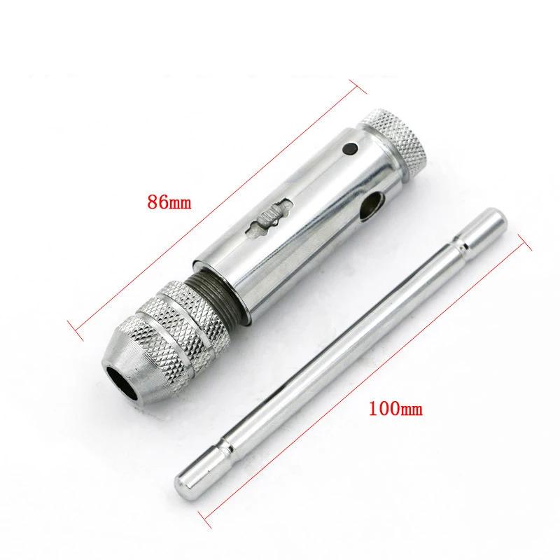 Метчик с регулируемой Т-образной рукояткой, трещоткой, держателем метчика, гаечным ключом, сверлами по металлу, инструментами для нарезания наружной и внутренней резьбы, набором метчиков-заглушек