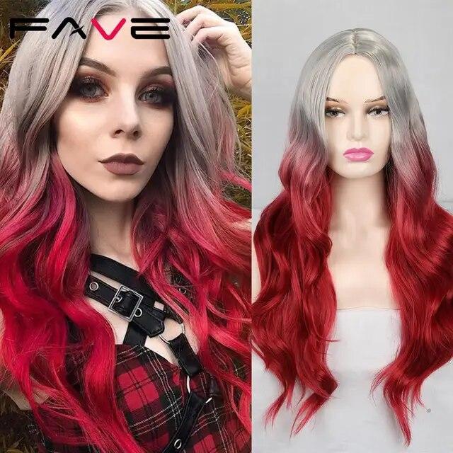 Long Wavy Wigs Ombre Gray To Watermelon Red Black Grey Purple Blue Brown Synthetic Hair For Black White Women Cosplay Party