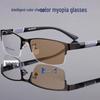 High-End Semi-Rimless Men's Photochromic Myopia Glasses - Anti-Blue Light, Prescription Compatible, Trendy Design