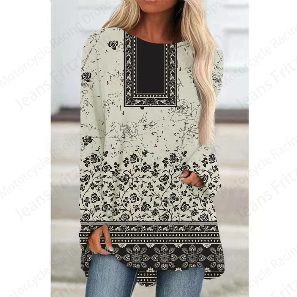 Футболки с европейским узором и 3D-принтом, женская модная футболка, туника с длинным рукавом, повседневные длинные топы, футболка с цветочным принтом, женская одежда y2K