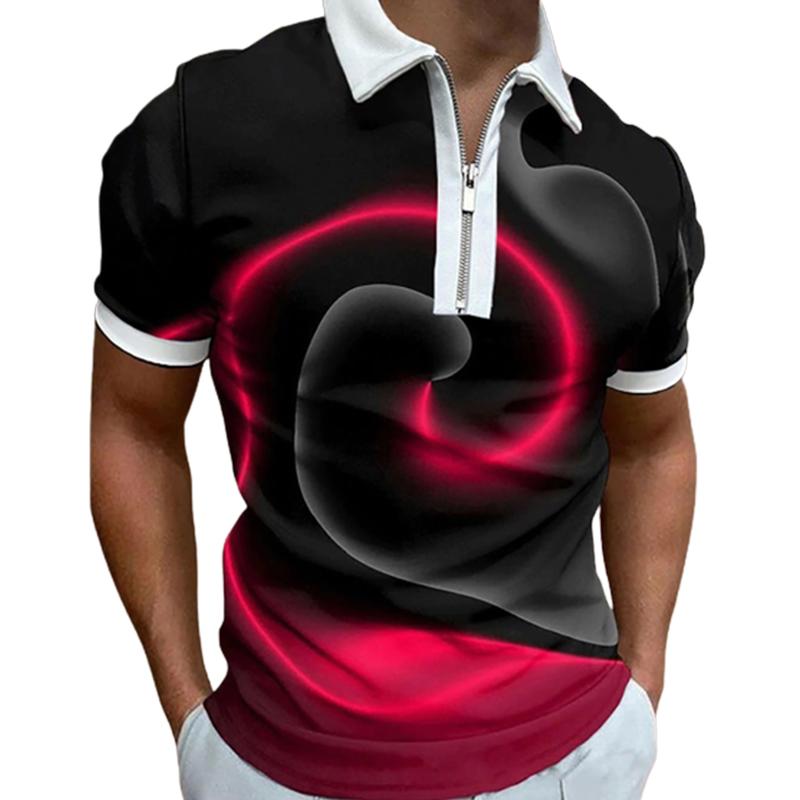 Casual Lapel T-shirt Young Men's Fashion Zipper T-shirt Short Sleeve T-shirt Men's 3D Sea Wave Print T Shirt