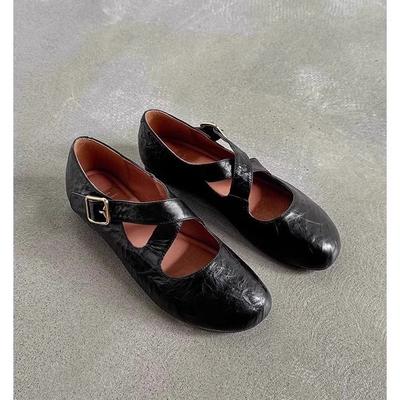 Мягкая кожа круглый носок перекрестный ремешок балетки одинарные туфли обувь на плоской подошве черные маленькие кожаные туфли ретро туфли Мэри Джейн женские