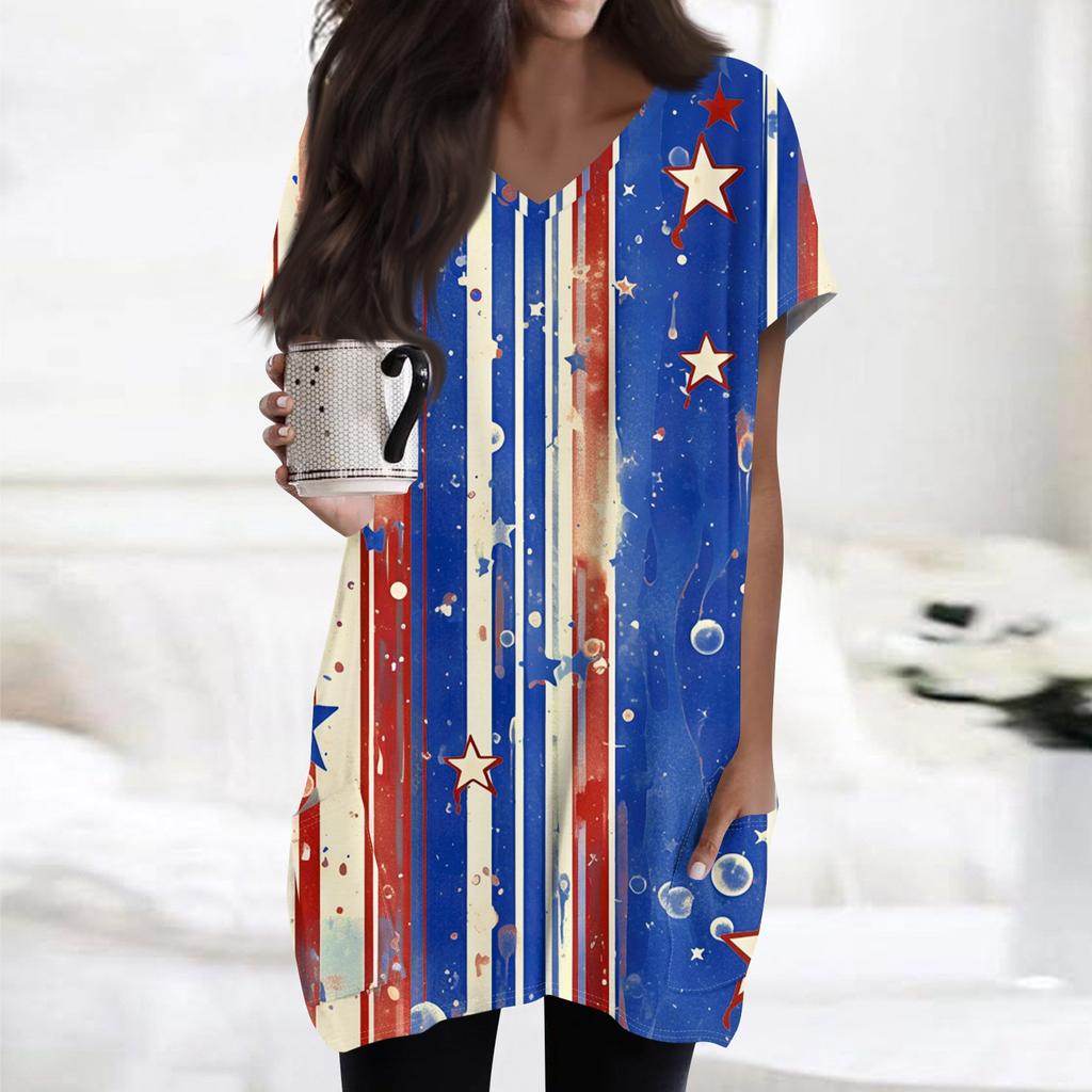 Женский топ с принтом флага Дня независимости, V-образным вырезом, карманом средней длины и коротким рукавом