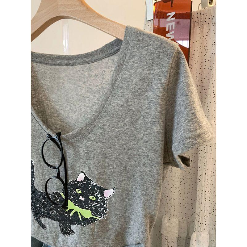 Plus-Size Vintage Cat Print V-Neck Short-Sleeve T-Shirt for Women, Summer Breathable Lightweight Top