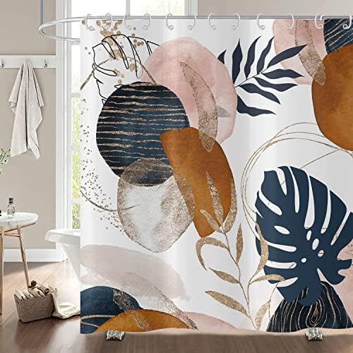 Занавеска для душа в стиле бохо, темно-синяя, черная, современная, с геометрическими листьями, занавеска для ванны с крючками, минималистичная эстетичная занавеска для душа с растениями для ванной комнаты