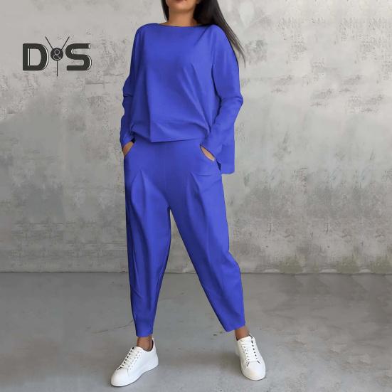 2 Pcs/Set Women Top Pants Suit Round Neck Long Sleeves Solid Color Irregular Sweatshirt Drawstring Elastic Waist Trousers Daily Wear Sport Outfit