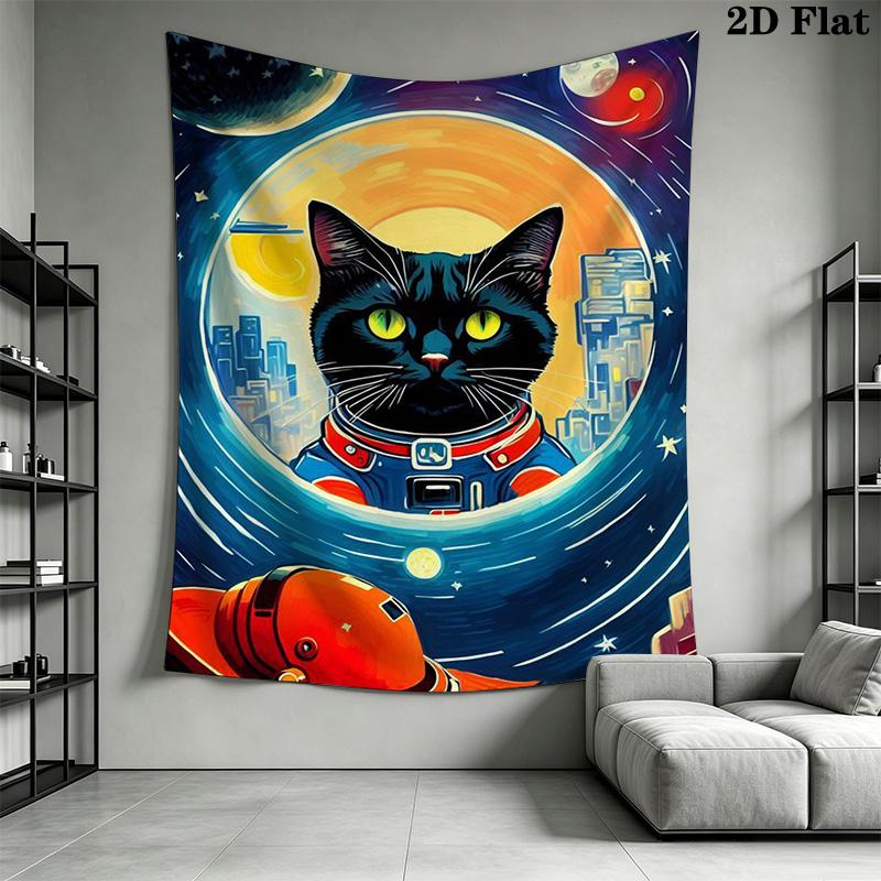 Retro Astronaut & Black Cat in Space Pattern Home Decor Tapestry, Wall Hanging, Decorative RV Wall Cloth.SGT0917297