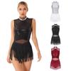 Women's Shiny Sequins Tassel Latin Jazz Dance Leotard Bodysuit Crisscross Back Lyrical Dance Costume