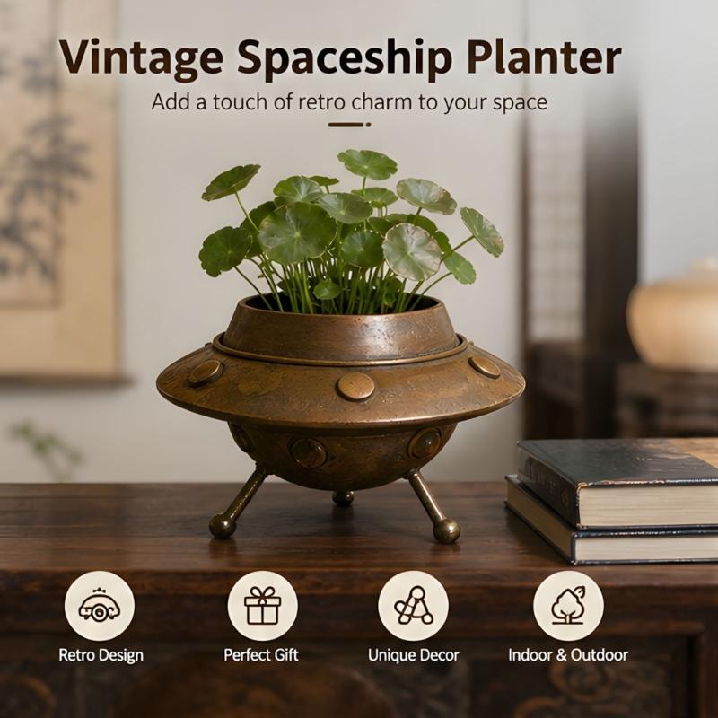 Brown Metal Flower Pot with Space Theme Shape, Small Indoor Holder for Tabletop, Windowsill, Bookshelf and Countertop Display in Everyday Rooms