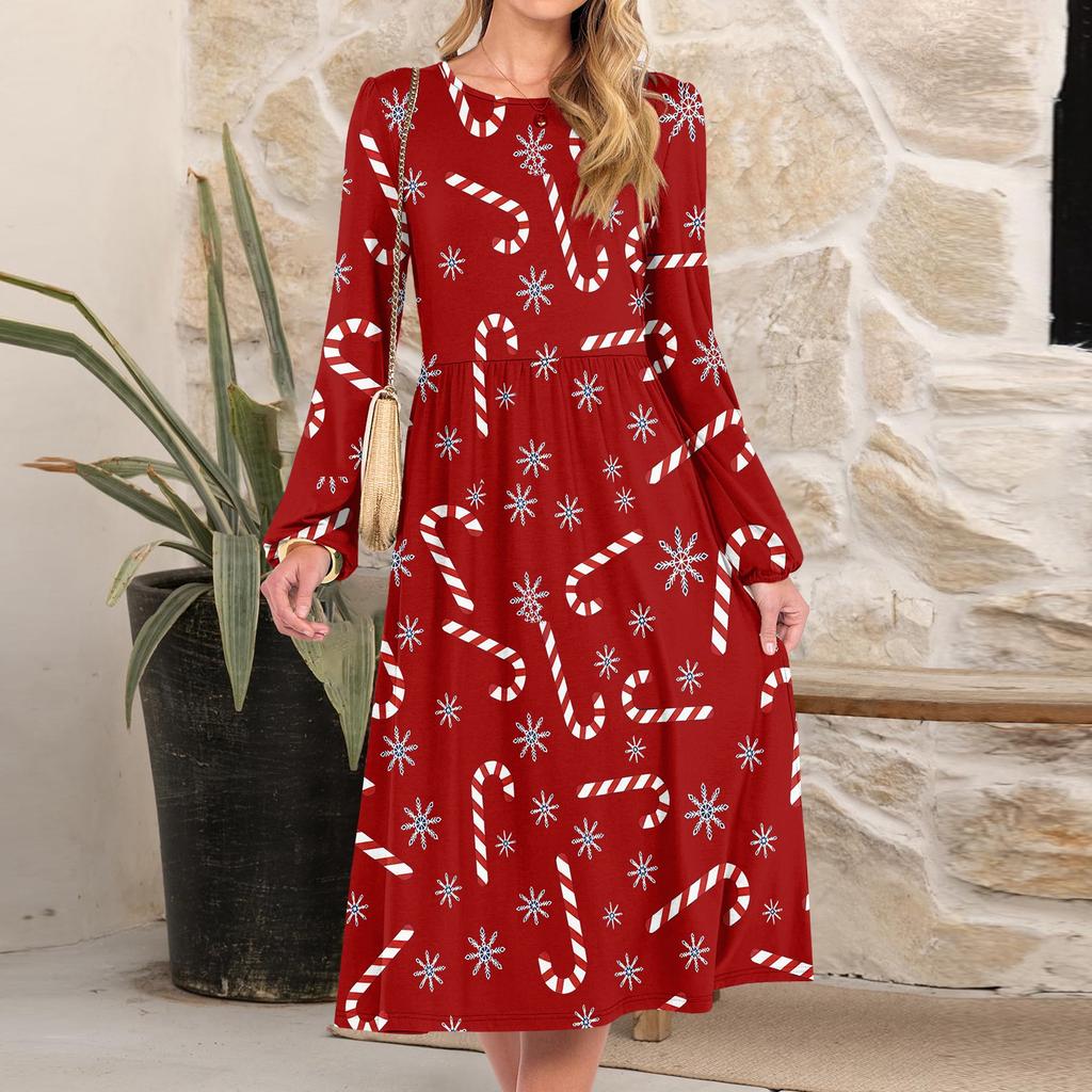 Women's Christmas Printed Fashionable Loose Round-neck Dress