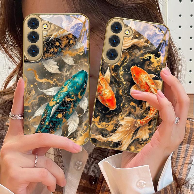 Счастливый Оранжевый Золотой Карп Для Samsung Galaxy S26 S20 FE S21 S22 S23 Plus S24 Ultra 25Ultra S21+ S9 S22 S8 Золотой стеклянный чехол для телефона