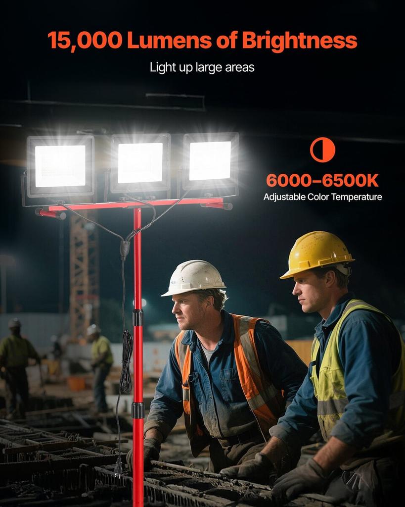 LED Work Light with Stand, 15000 Lumens, Three-Head Portable Camping Light with Individual Switch, Tripod Stand, 3.3 m Power Cord, for Indoor Outdoor