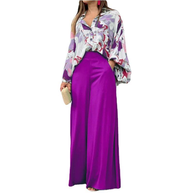 Women's Sets Casual Loose Plus Size Lapel Printed Long Sleeve Shirt Solid Color High Waist Wide Leg Pants