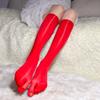 Silky Red Toe Socks with Five Fingers - Shiny Horse Oil Mid-Calf Stockings, 8D Glossy, Thin & Sexy for Summer
