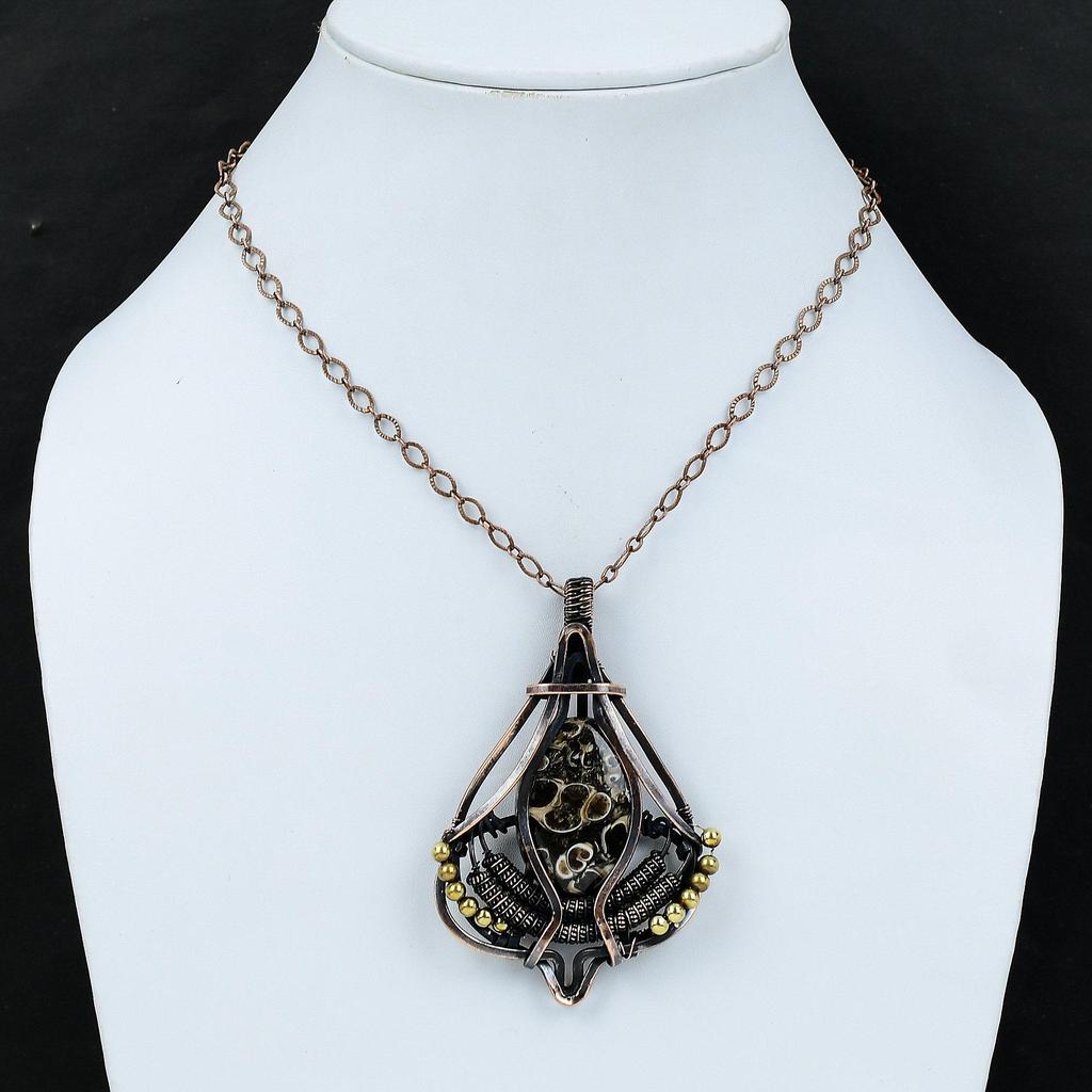 Подвеска из агата Turritella, обернутая медной проволокой, подвеска из настоящего драгоценного камня, подвеска ручной работы из медной проволоки, дизайнерская подвеска для подарка