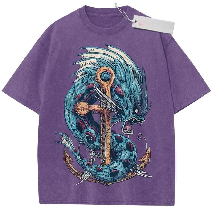Unisex Black Washed Vintage T Shirt Nautical Blue Dragon Anchor Retro Style High Quality Fabric for Casual Shopping