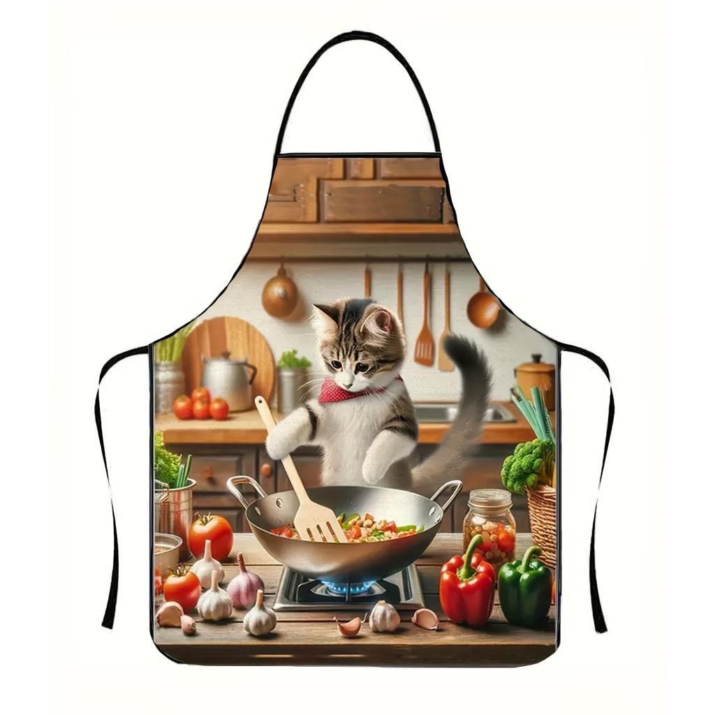 Милый водонепроницаемый фартук с котиком для готовки и барбекю с мультяшным цифровым принтом для семейного использования и вечеринок