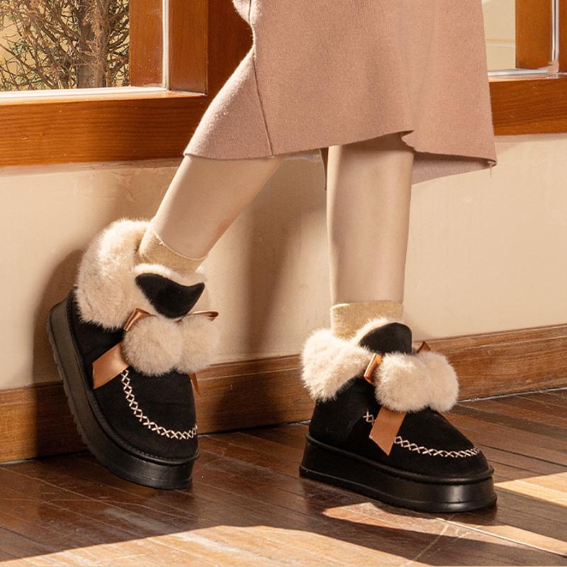 Зимний бант двойной помпон снежные хлопковые ботинки модные средней высоты меховая отделка толстая подошва увеличение роста тепло и противоскольжение хлопковые ботинки