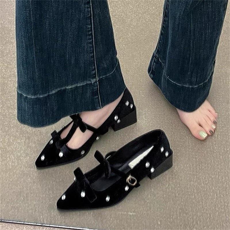 French Bow Mary Jane Shoes Women's 2025 New Beautiful Skirt Pointed Thick Heel Rhinestone Shoes