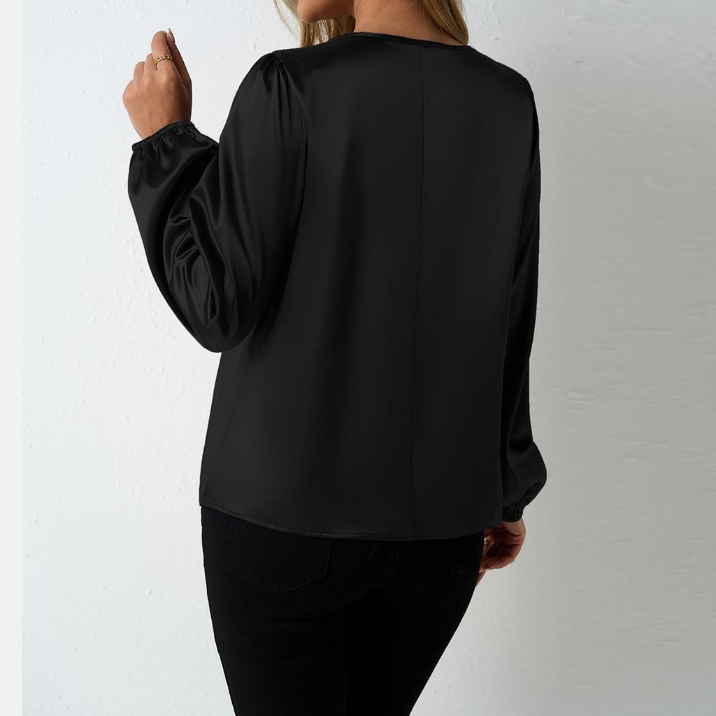 Women's Long Sleeve Shirt Loose Satin Top Embossed Lace R-neck Silk Lined Top