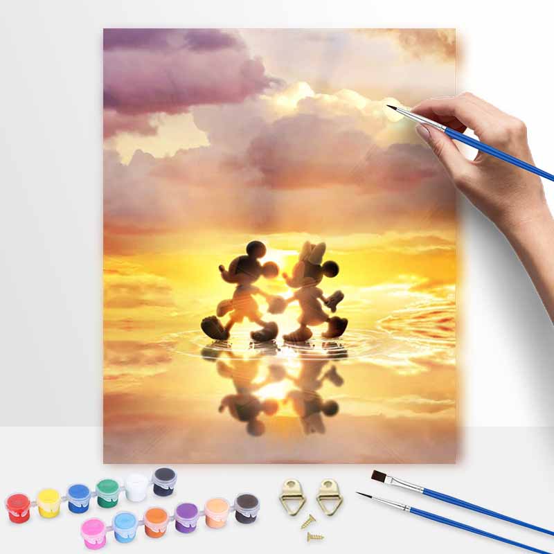 Disney Oil Painting DIY Digital Painting Mickey and Minnie Sunset Silhouette HandPainted Wall Art for Living Room Entryway.