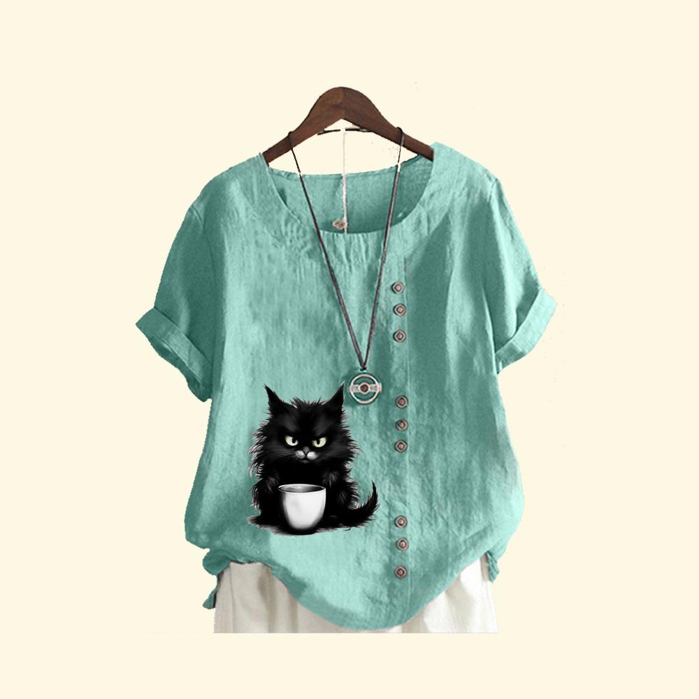 Женская свободная льняная блузка-пуловер, женская повседневная футболка с круглым вырезом и принтом кота, летняя модная футболка с короткими рукавами