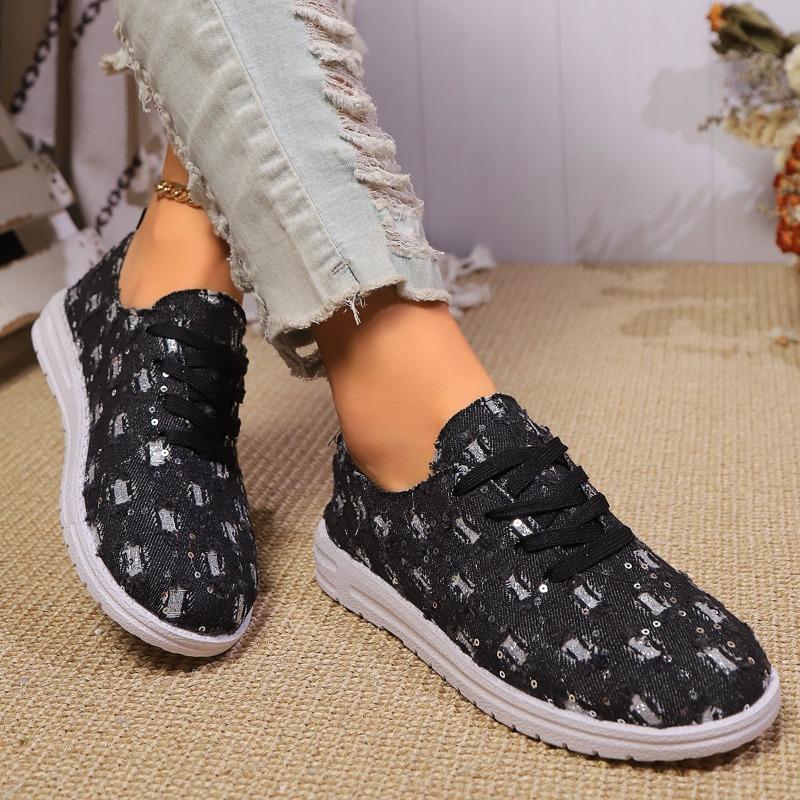 Autumn New Round Head Cloth Sequin Front Lacing Soft Sole Non-slip Low Top Shoes Women's Fashion Flat Shoes